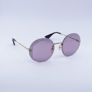 Gucci GG0899S 001 Sunglasses Gold Round Frame, Violet with Crystals Lenses